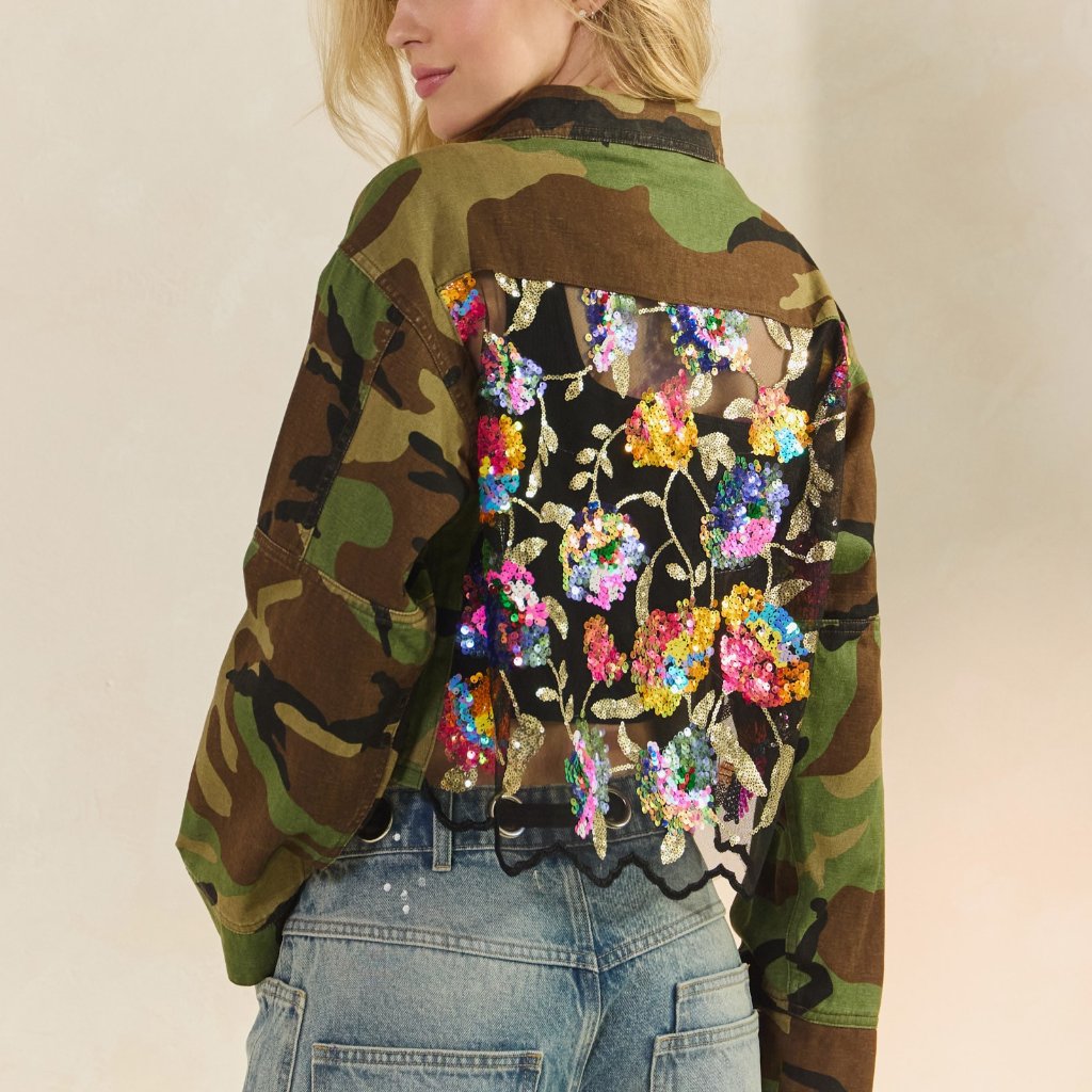 New Veveret Camouflage Denim Jacket Sequin Floral Back Sm-3x Embellished Camo